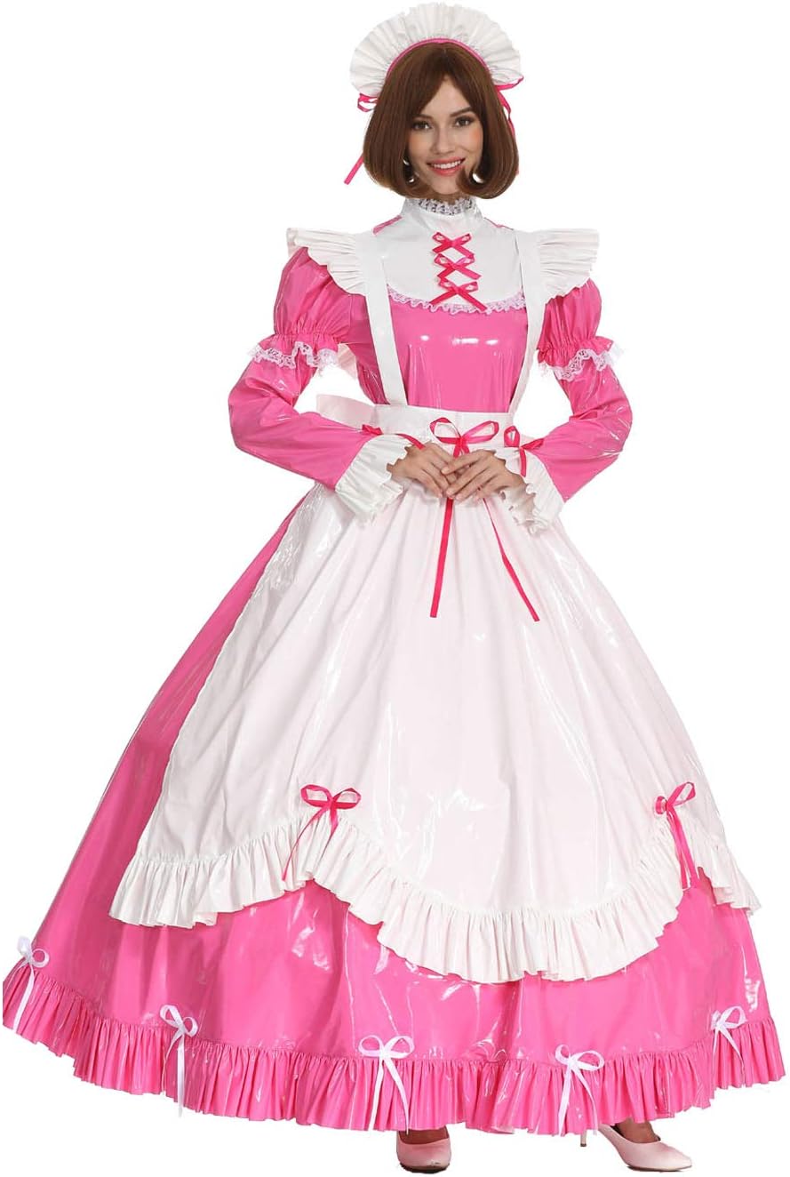 GOceBaby Frauen Sissy Dienstmädchen Gotisch Schleife Rosa PVC Verschliessbar Kleid Crossdress mit La