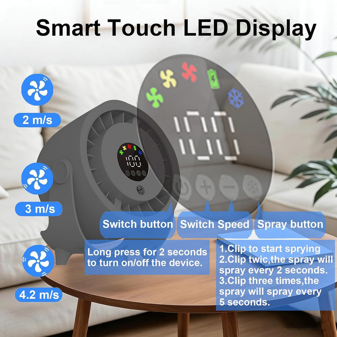 Tragbarer Tischventilator, Wiederaufladbar mit Sprühnebel, Schwarz | Turbo Digitalanzeige, 3 Geschwi