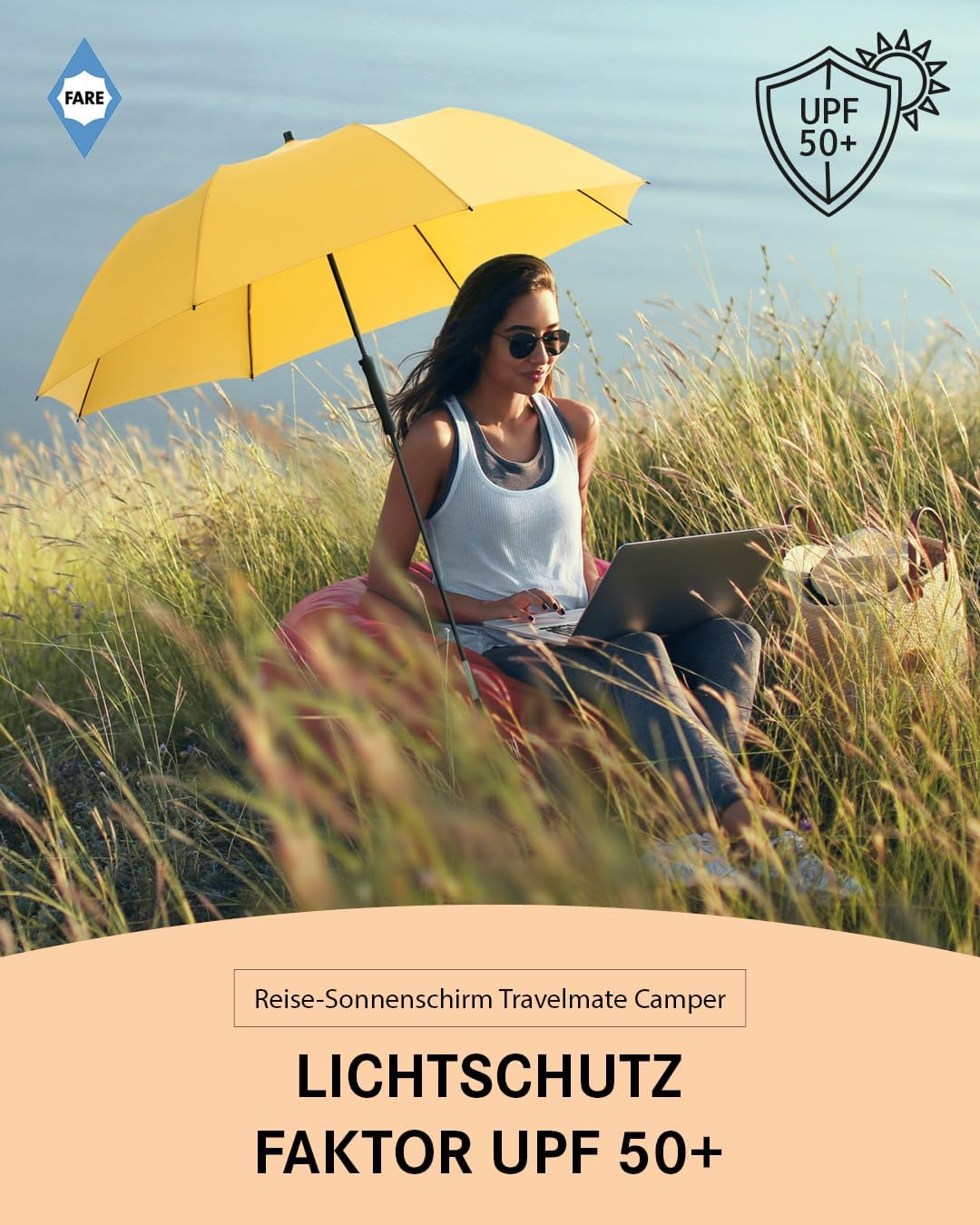 FARE Reise-Sonnenschirm Travelmate Camper UV Schutz 50+ für Koffer Flugzeug Camping Balkon Strand Ga
