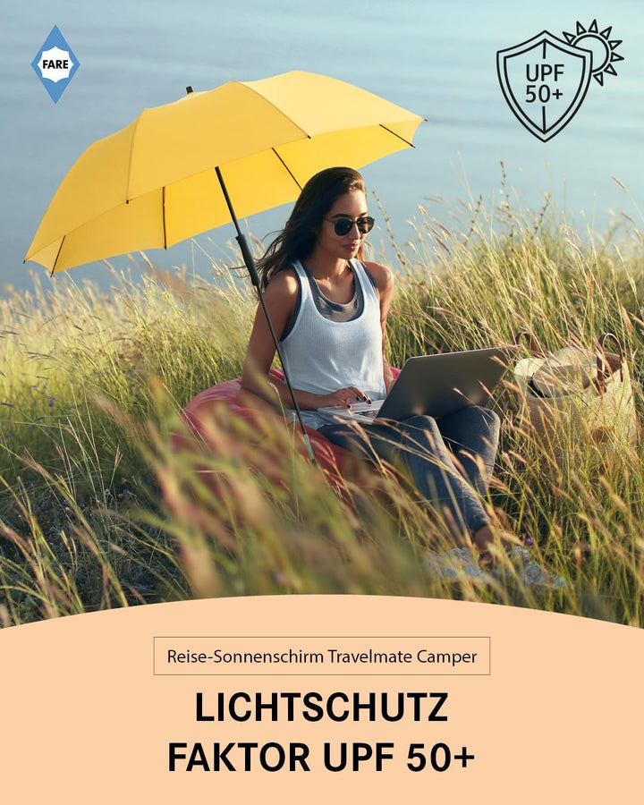 FARE Reise-Sonnenschirm Travelmate Camper UV Schutz 50+ für Koffer Flugzeug Camping Balkon Strand Ga