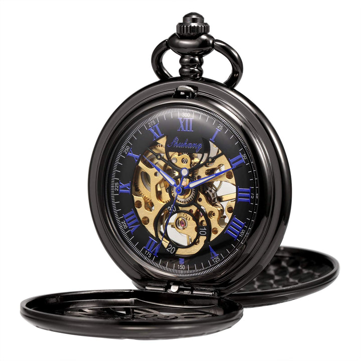 TREEWETO Unisex Taschenuhr mit Kette Analog Handaufzug Doppelscharnier Adler Skelett Römische Ziffer