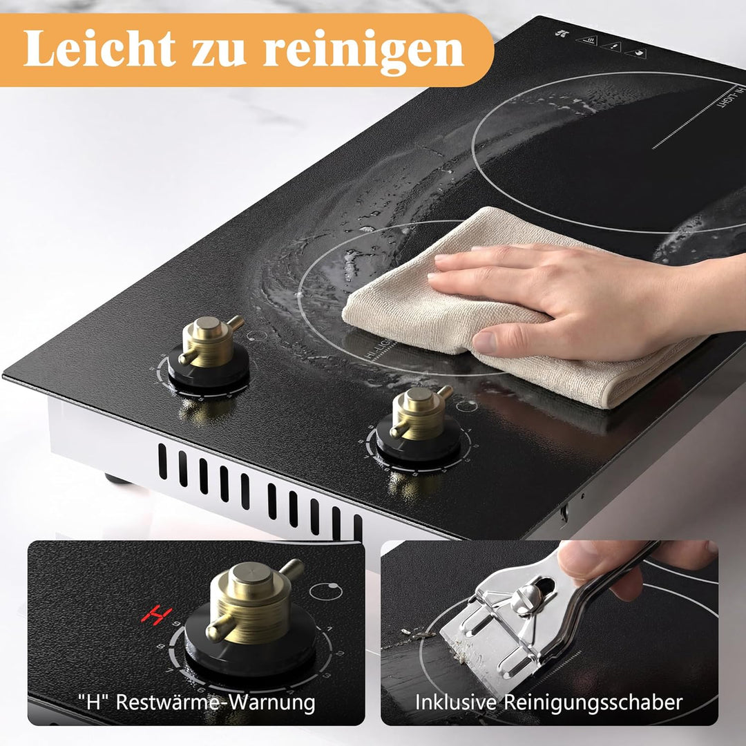 Glaskeramikkochfeld 2 Platten mit Stecker, Karinear Kochfeld Doppel Drehknopf, Autarkes 30cm Einbau