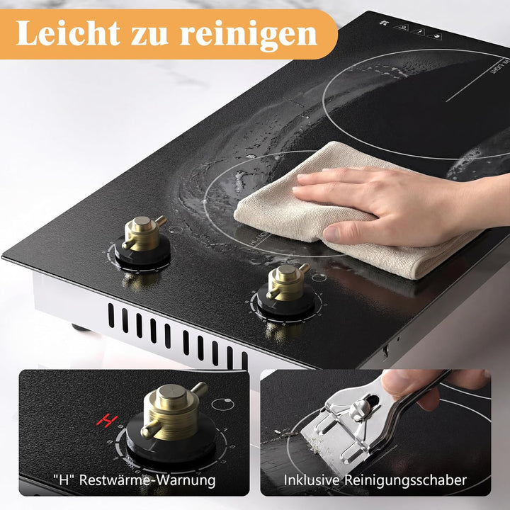 Glaskeramikkochfeld 2 Platten mit Stecker, Karinear Kochfeld Doppel Drehknopf, Autarkes 30cm Einbau