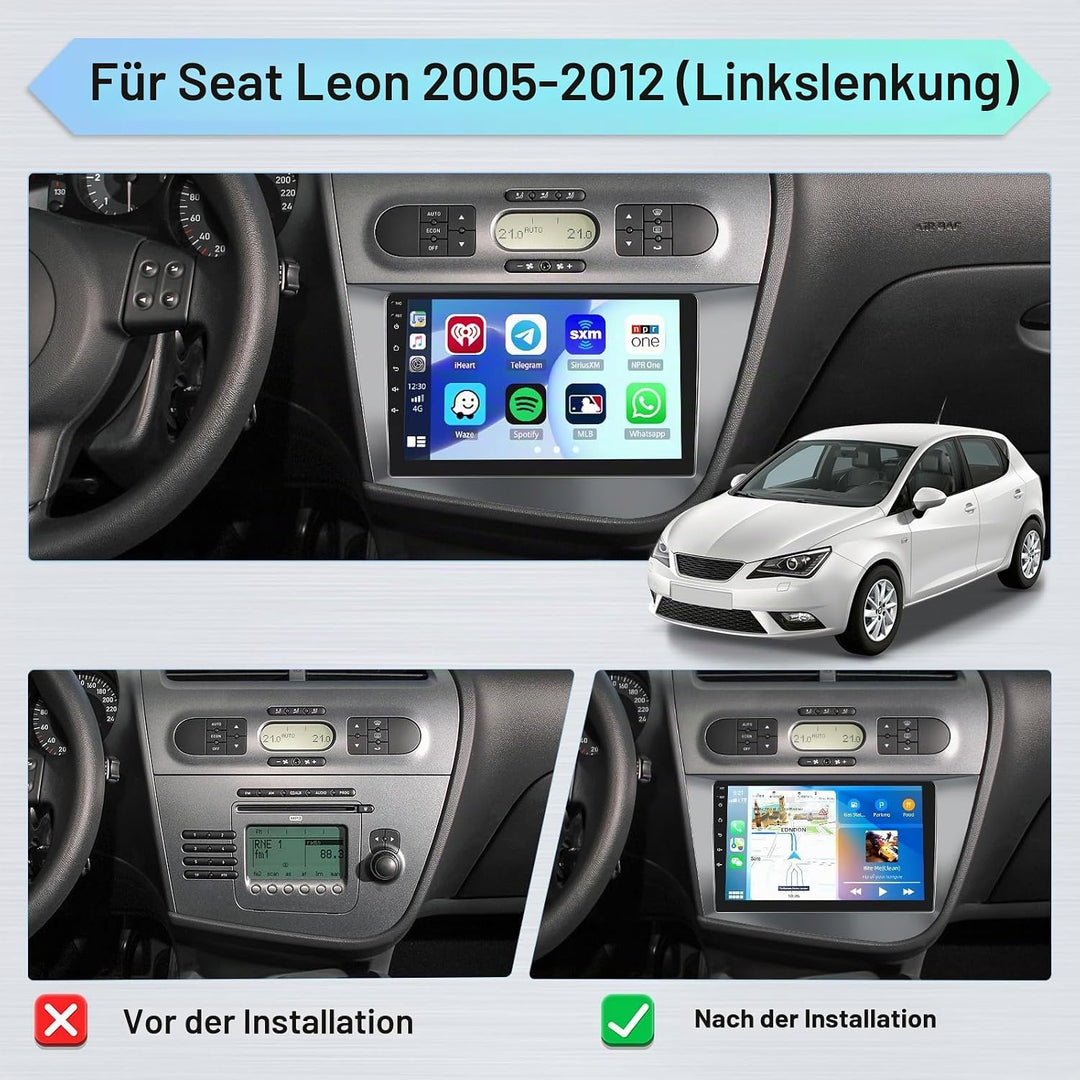 Hikity 2GB+64GB Android 15 Autoradio für Seat Leon 2005-2012(Left-Hand Drive) Radio Wireless CarPlay