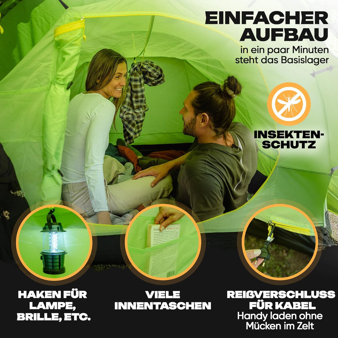 Cevedale Zelt 4 Personen Wasserdicht, leicht, kompakt & schnell aufbaubare Zelte, Camping Zelt mit V