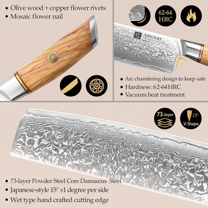XINZUO Damaststahl 18.2cm Nakirimesser, scharf Küchenmesser 73 Schichten Damastpulverstahl profi Koc
