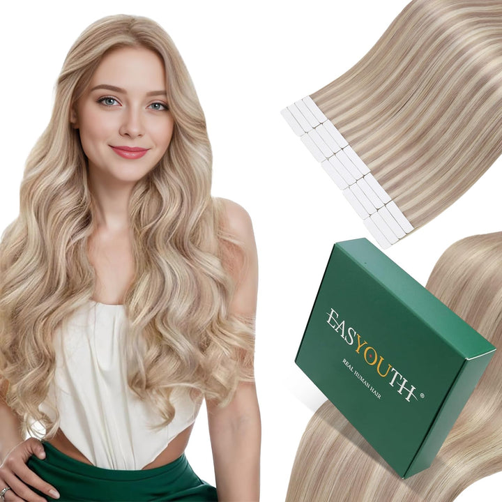 Easyouth Extensions Tape Balayage 20zoll Extensions Tape on Echthaar Aschblondes Highlight mit Hellb