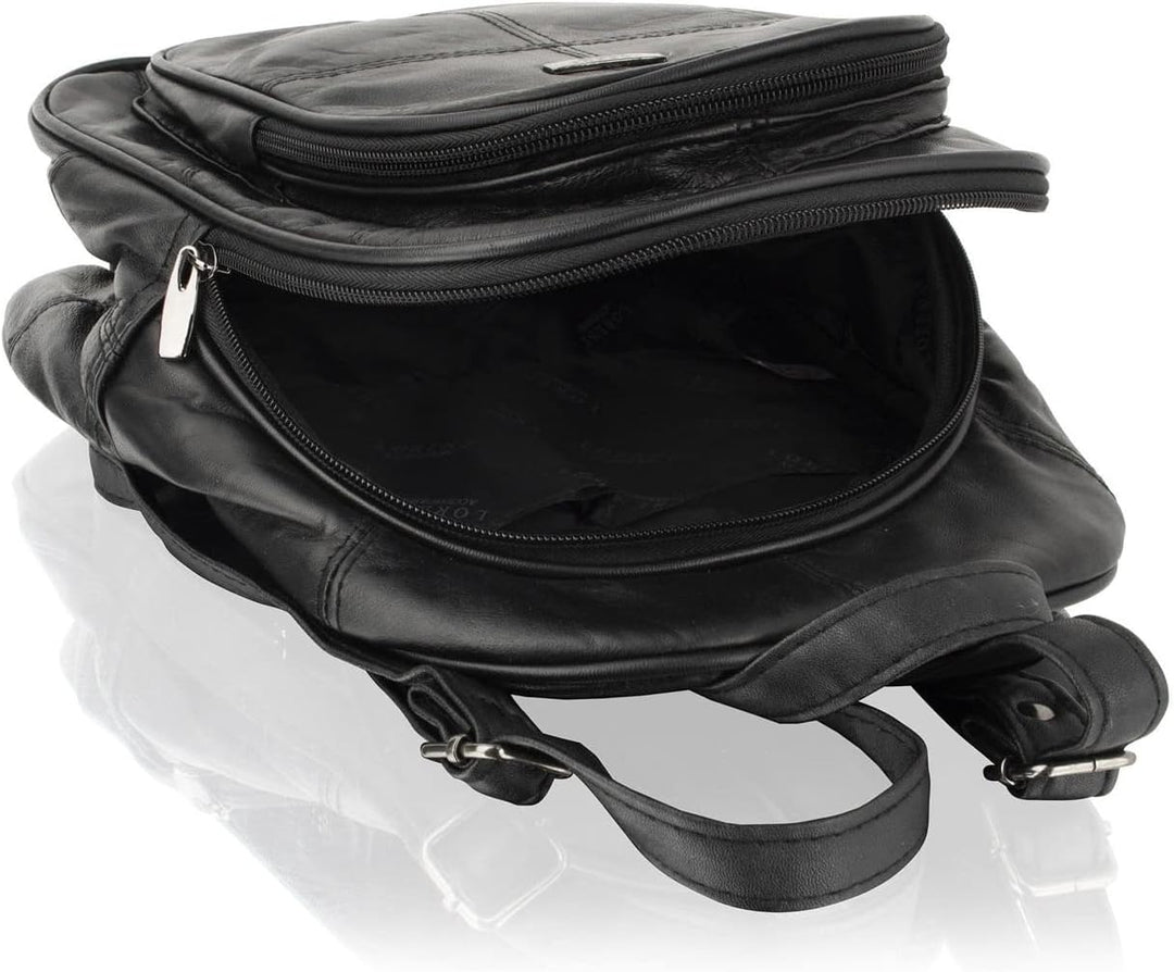 Woodland Leathers Modischer Damenrucksack, klein, schwarz, mit Anti-Diebstahl-Reissverschluss und Ha