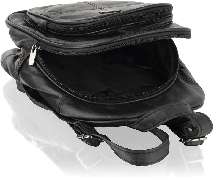 Woodland Leathers Modischer Damenrucksack, klein, schwarz, mit Anti-Diebstahl-Reissverschluss und Ha