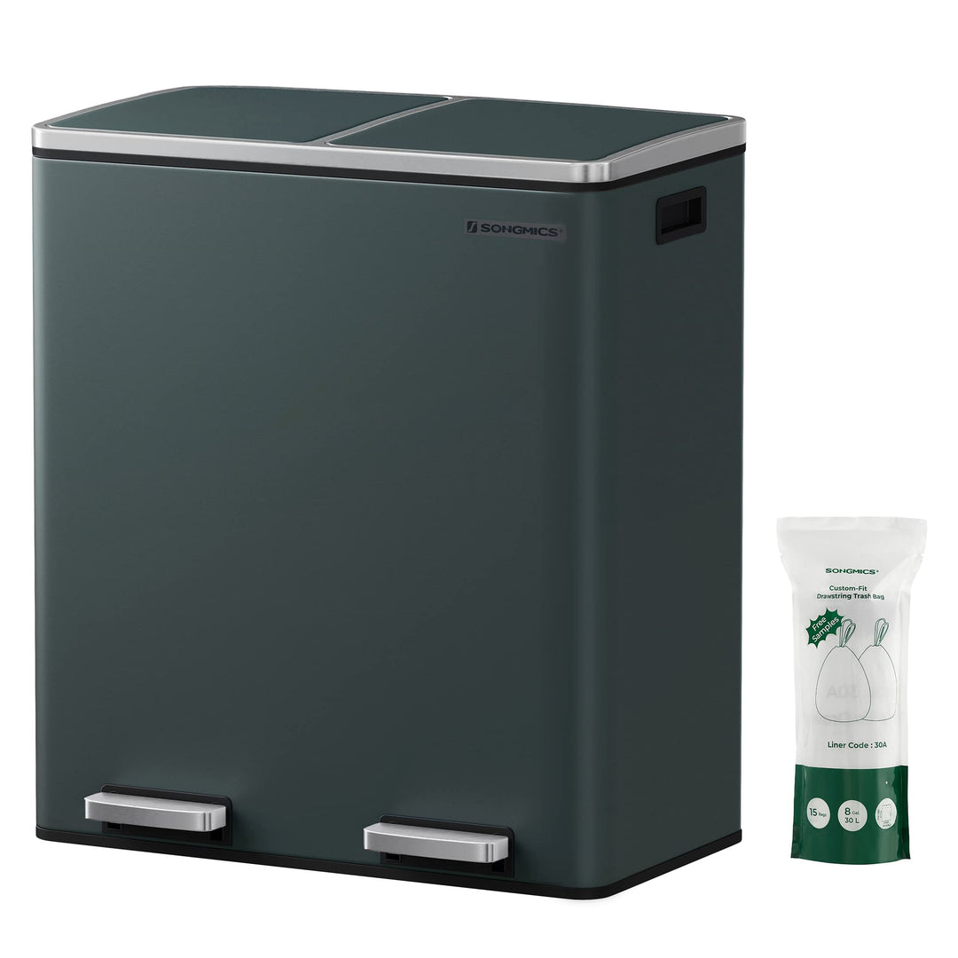 SONGMICS Mülleimer, 2 x 30 L, 2 Fächer, Mülltrennsystem, Treteimer, Abfalleimer Küche, 15 Müllsäcke,
