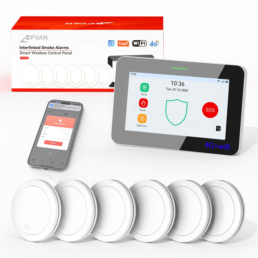 CPVAN GSM + WiFi Smart Rauchmelder Vernetzt 10 Jahre Batterie mit 7" Touch Screen 110dB Zentralpanel