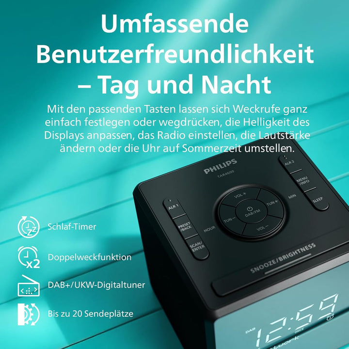 Philips TAR4600 Dual Alarm DAB/FM Radiowecker mit USB-C-Ladeanschluss