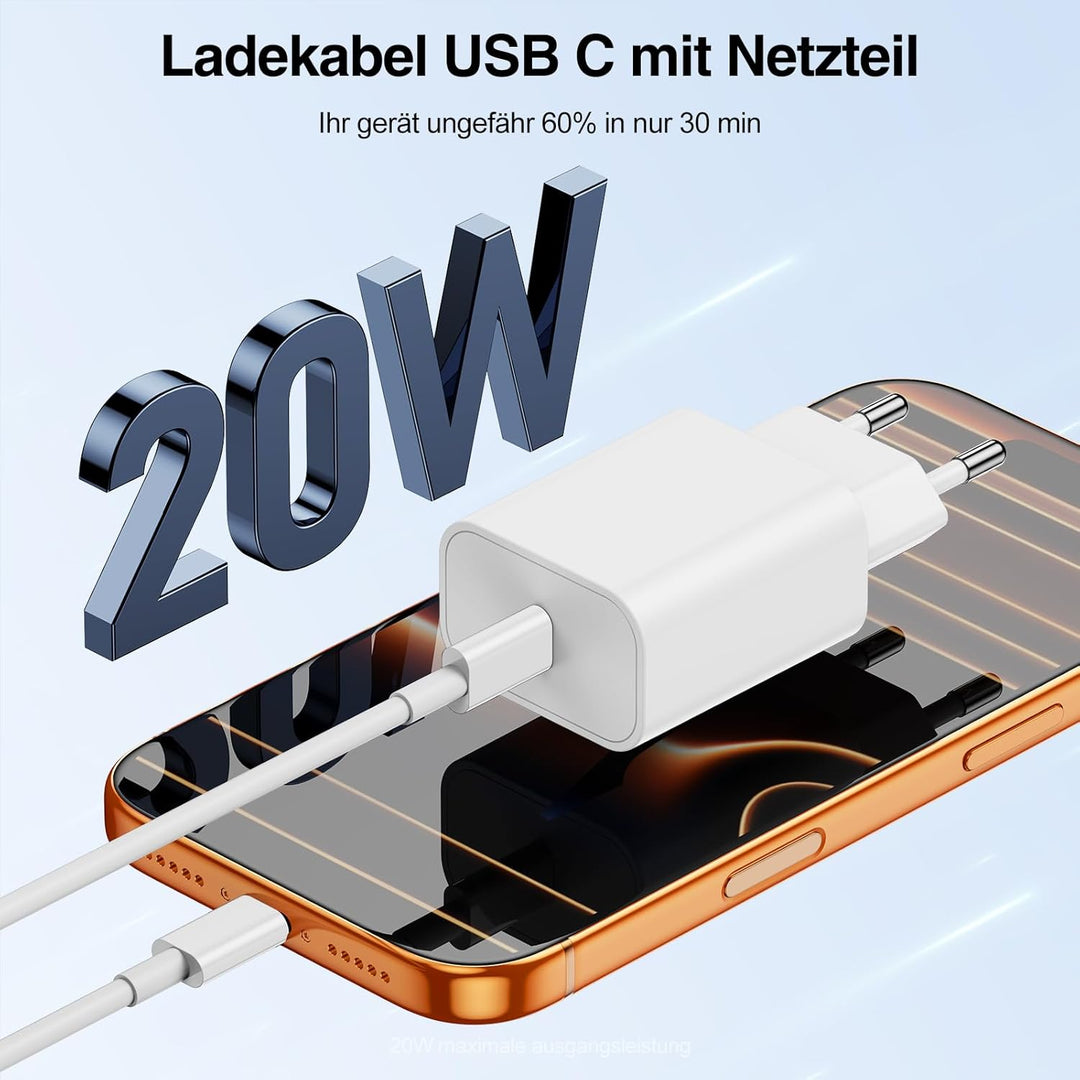 2Pack USB C Ladegerät, 20W USBC Ladegerät mit 2M+1M USB C to USB C Ladekabel für Apple iPhone 17 16e
