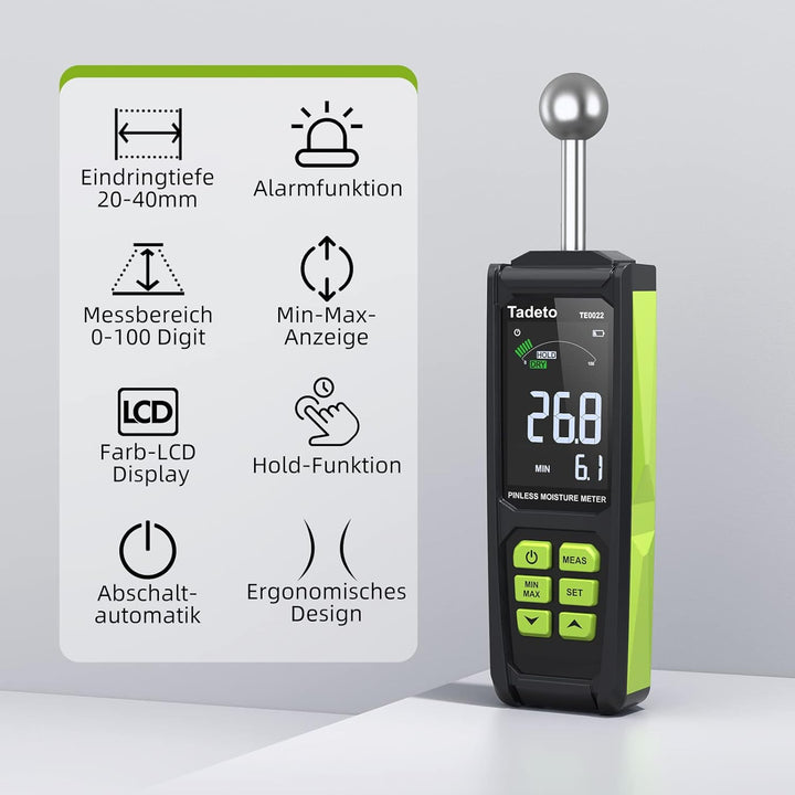 Feuchtigkeitsmessgerät, Tadeto Feuchtemessgerät 20-40mm Analysetiefe mit Farb-LCD Alarmfunktion Hold