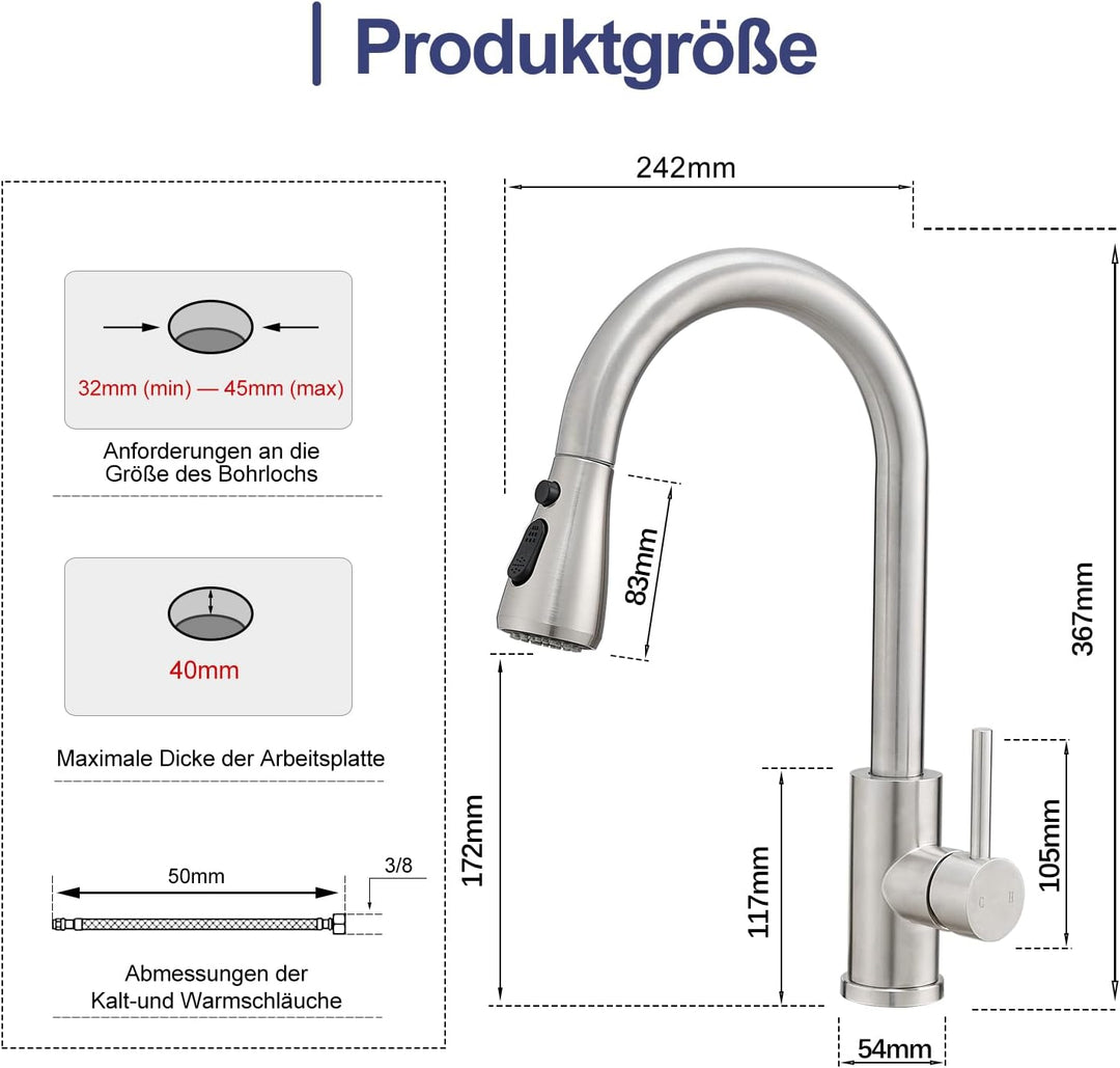 Wasserhahn Küche, Edelstahl, Hochdruck Küchenarmatur mit Herausziehbarer Brause Ausziehbar Armatur,