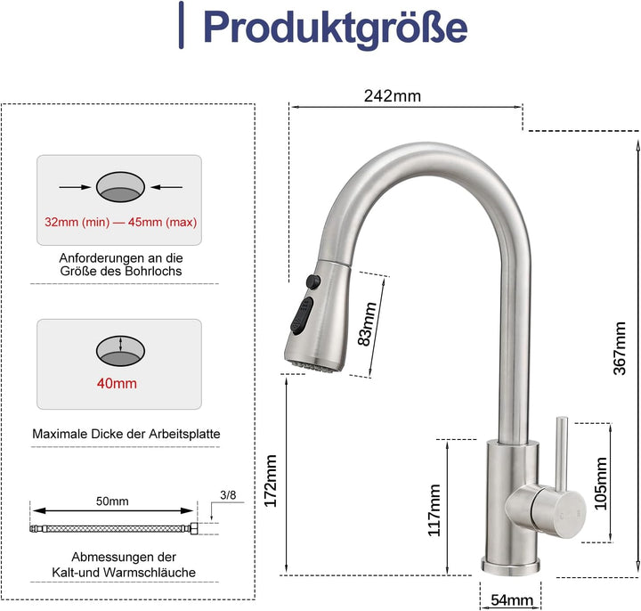 Wasserhahn Küche, Edelstahl, Hochdruck Küchenarmatur mit Herausziehbarer Brause Ausziehbar Armatur,