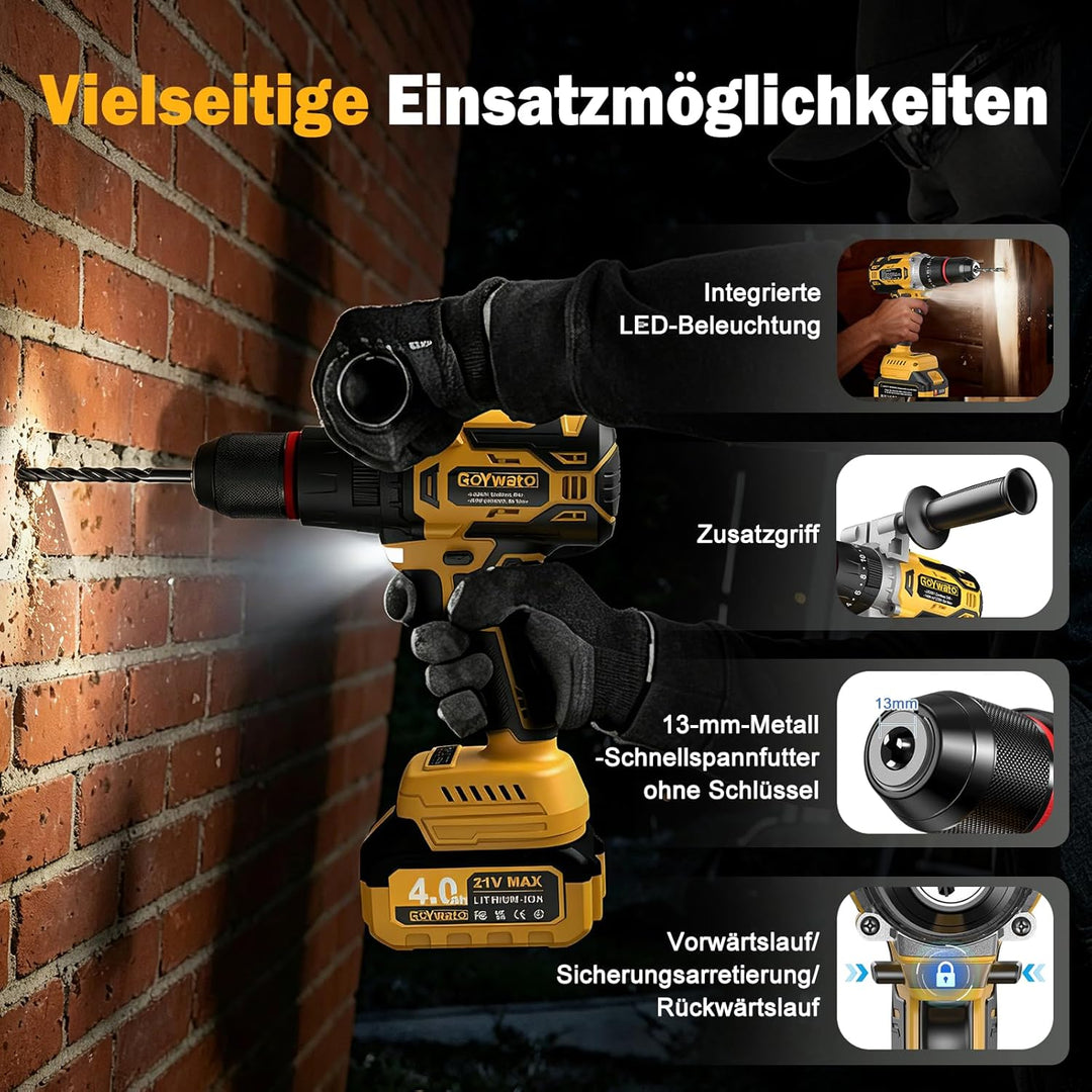 21V Akkuschrauber mit Schlagbohrfunktion - 140Nm Bürstenloser Akku Bohrmaschine mit 2 x 4.0Ah Akkus,