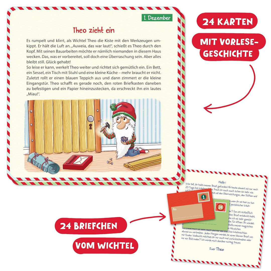 Wichtel Theo zieht ein: Adventskalender mit 24 Vorlesekarten und Wichtelbriefen, Kalender