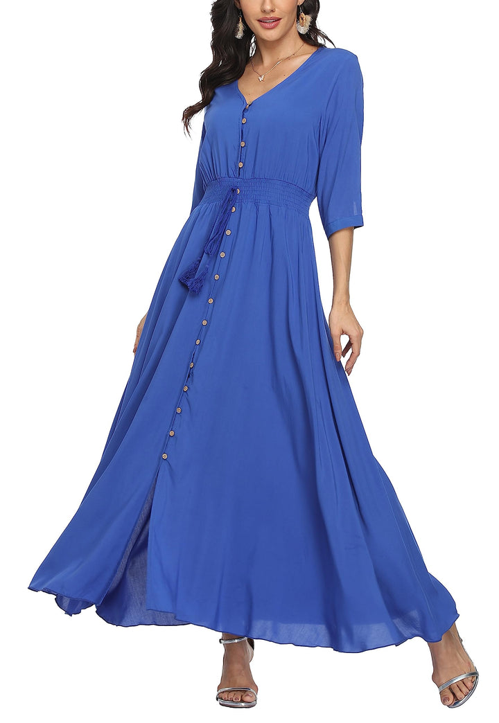 VOGMATE Damen Lange Split Knopf Up Sommer Maxikleid Floral Strandwear Holidy Kleid Hohe Taille mit k