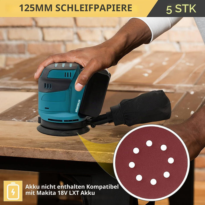 AMTOVL Exzenterschleifer Brushless Schleifmaschine Schleifgerät mit 5PCS 125mm Schleifpapier Schleif