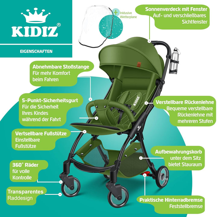 KIDIZ® Kinderwagen Premium Kinderbuggy klappbar Liegebuggy Sportwagen Faltbar 360°Räder 5-Punkt Gurt