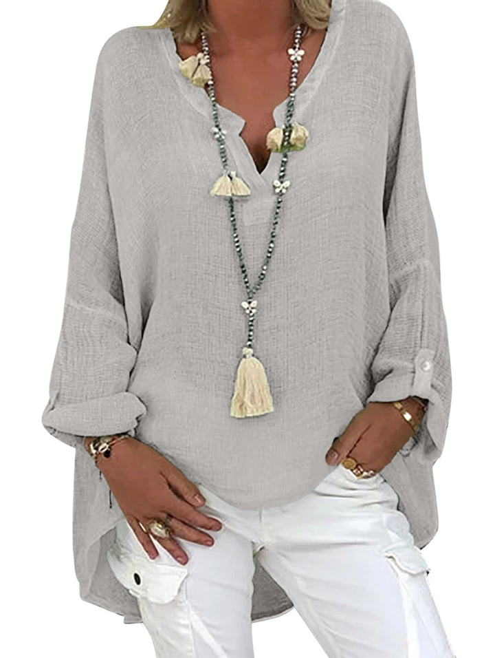 Leinenbluse Damen Sommer Tunika V-Ausschnitt Grosse Grössen Blusenshirt Langarmshirt Leinen Baumwoll