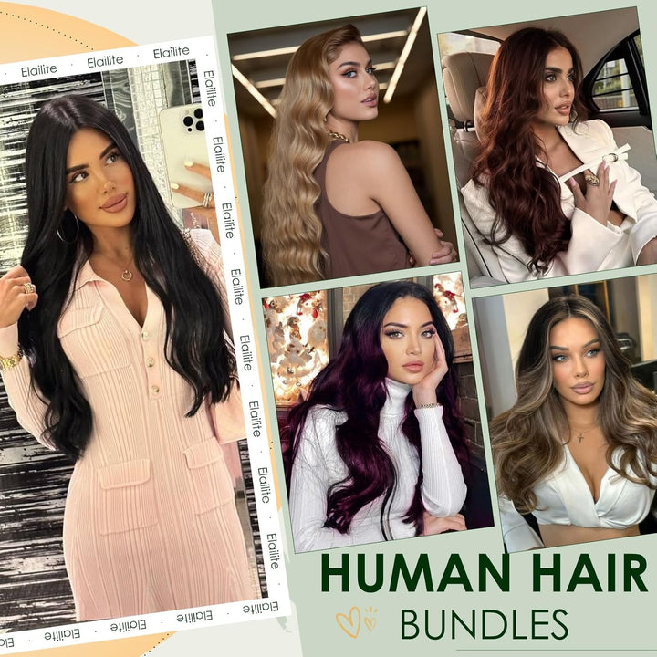 Elailite Haartressen Echthaar Schwarz Sew in Bündel Hair Extensions Tressen Haarverlängerungen Brasi