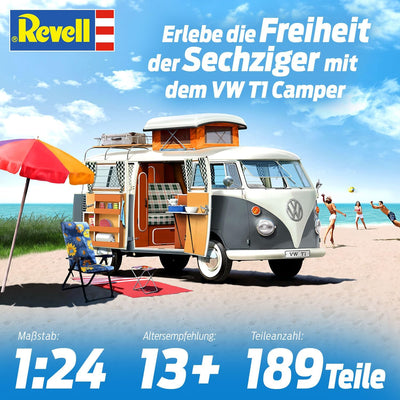 Revell 7674 Volkswagen VW T1 Bulli Camper, Campingbus zum Selberbauen 1:24, 18 cm Zubehör,