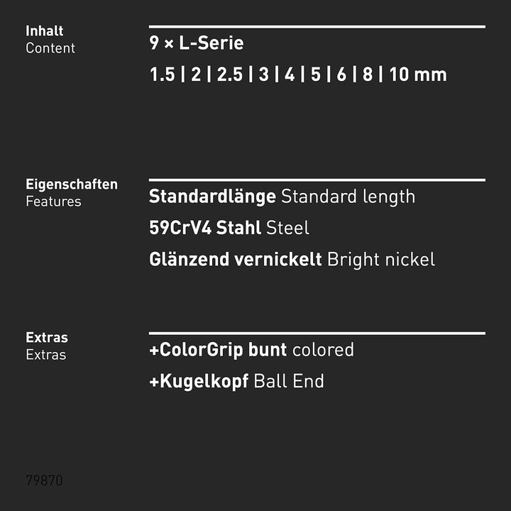 INBUS® 79870 Winkelschraubendreher Set 9tlg, 1.5–10mm, mit ColorGrip bunt & Kugelkopf — Made in Germ