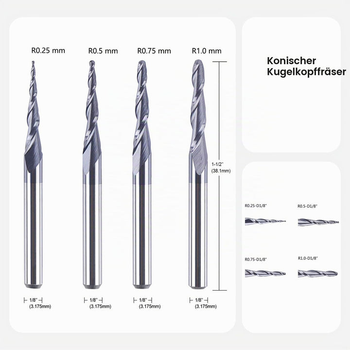 SpeTool 4 Stück 2 Flöten Kugelkopffräser mit Konischer Spitze Fräser CNC Gravierfräser R0,25mm-1,0mm