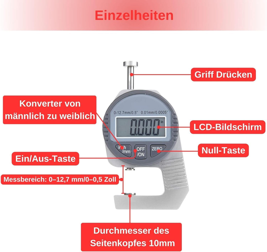 Dickenmessgerät, Digital Thickness Gauge Flat Measure Head Precise LCD Display Readout Percentage El