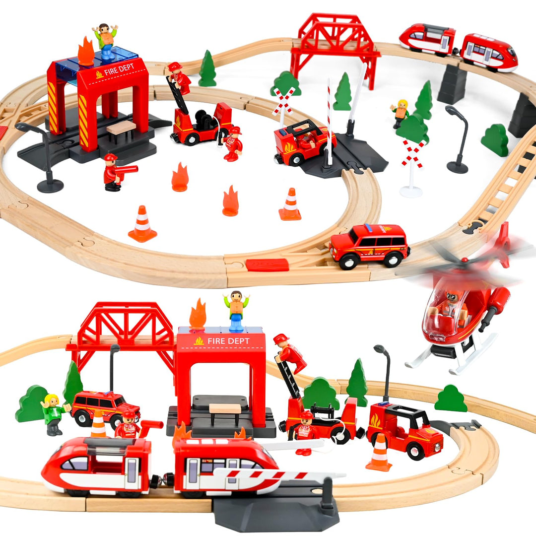 Holzeisenbahn Set Kinder, 69 Stück Holzeisenbahn Schienen und Zugspielzeug, Holzzug Spielzeug mit El