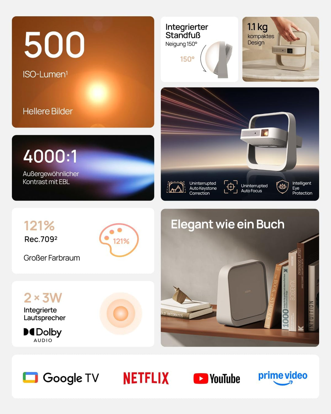 XGIMI Elfin Flip Plus Tragbarer Beamer, 500 ISO Lumen, 1080P, Google TV mit Lizenziertem Netflix, In