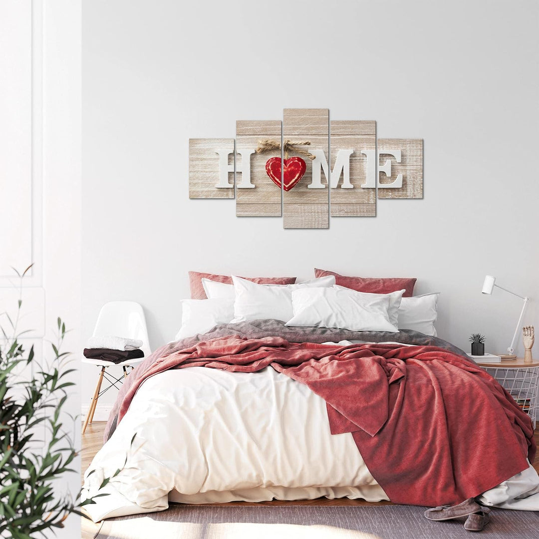 Runa Art Bild Wohnzimmer Home Herz 5 Teilig Holzoptik Beige Rot Wandbilder auf Vlies Leinwand 505253