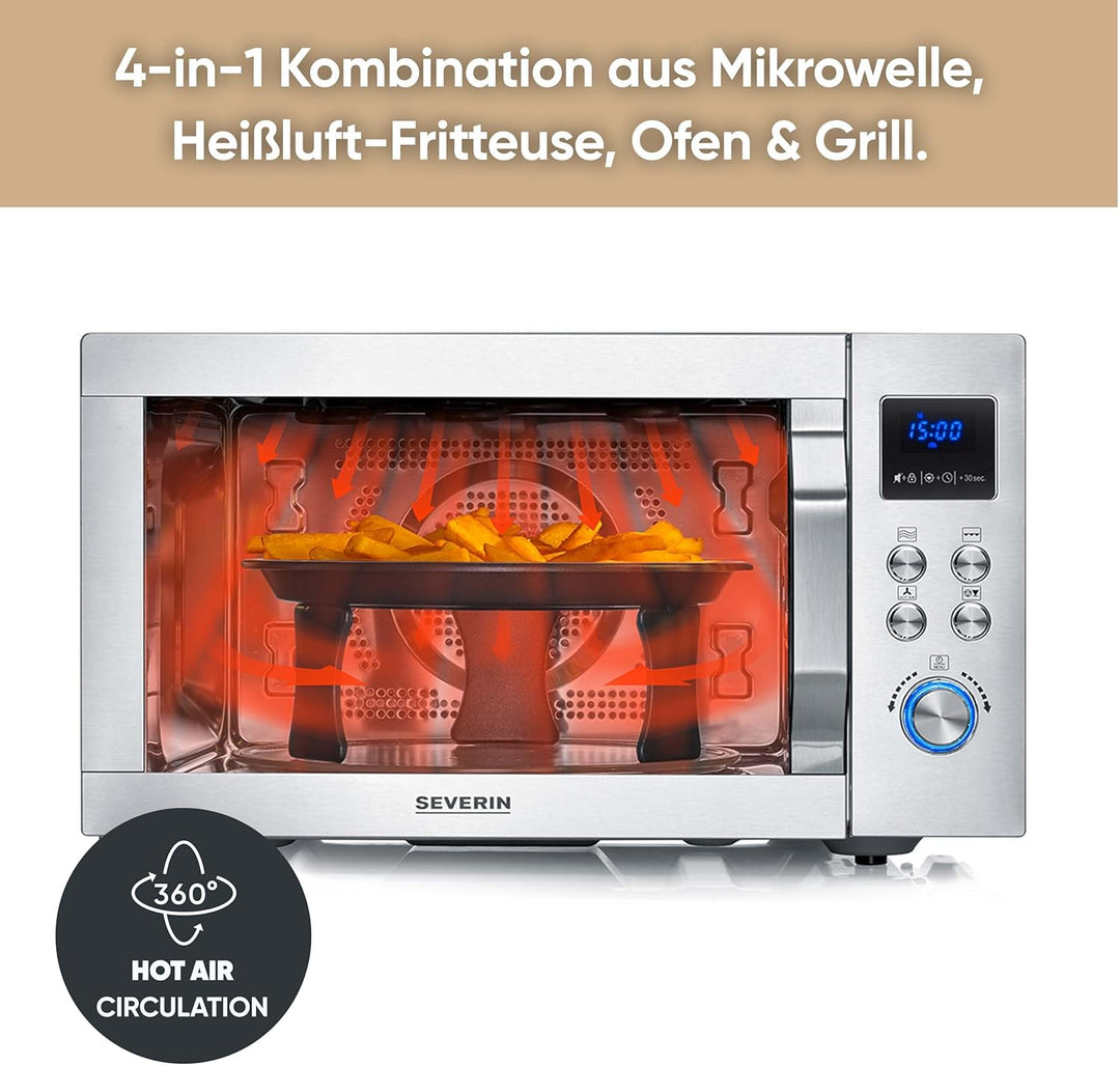 SEVERIN 4-in-1 Mikrowelle „Crispy Wave“, Heissluft-Funktion bis 230°C, Heissluftfritteuse, Mikrowell