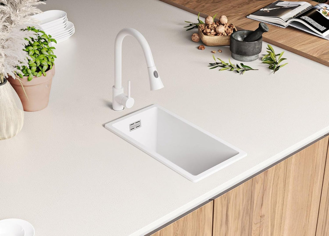 PRIMAGRAN Granitspüle Weiss 26x47cm, Granitspüle 1 Becken + Ablauf-Set, Küchenspüle ab 30er Untersch