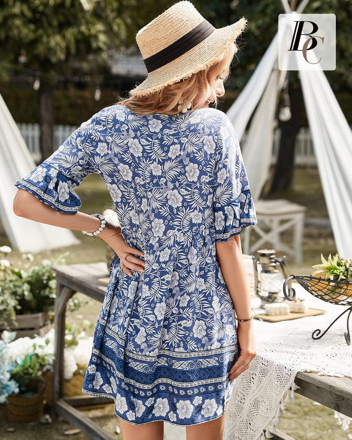 BebreezChic Damen Kleid Kurz Boho V-Ausschnitt Hohe Taille Vintage Fransen Luftig Casual Minikleider