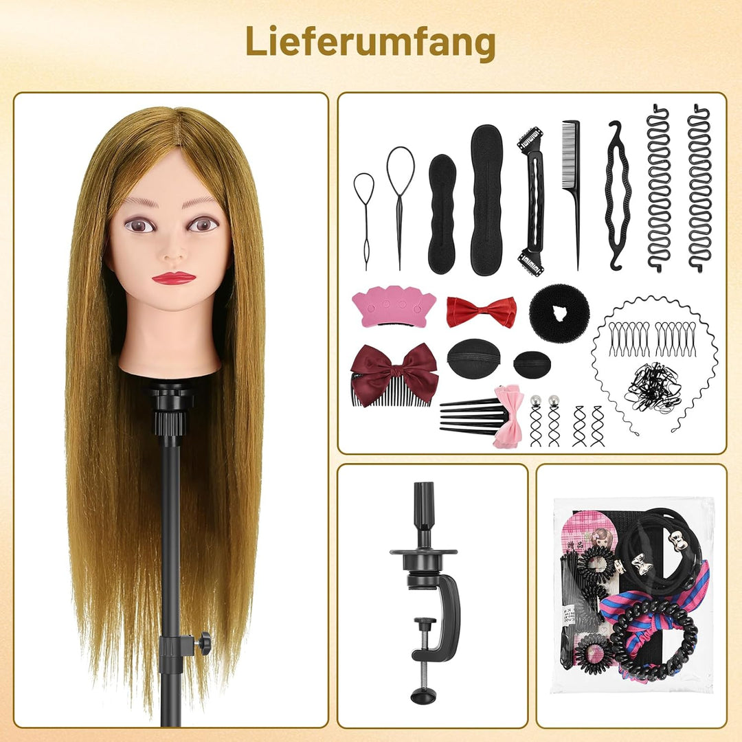 Übungskopf, TwoWin 80% Echthaar Friseurkosmetik Mannequin Kopf mit Klammerständer und Geschenken - G