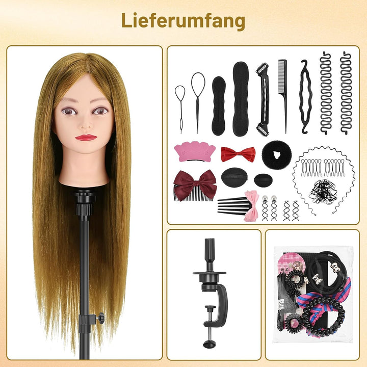 Übungskopf, TwoWin 80% Echthaar Friseurkosmetik Mannequin Kopf mit Klammerständer und Geschenken - G