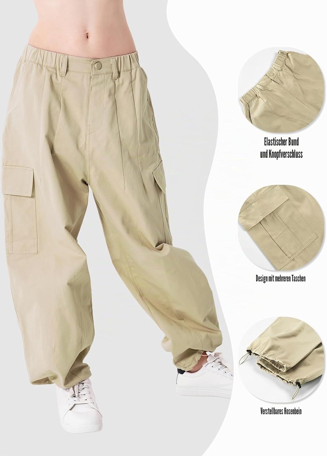 Rolanko Mädchen Cargohose, Baumwoll Baggy Hose mit Elastischer Taille und Mehreren Taschen für Kinde