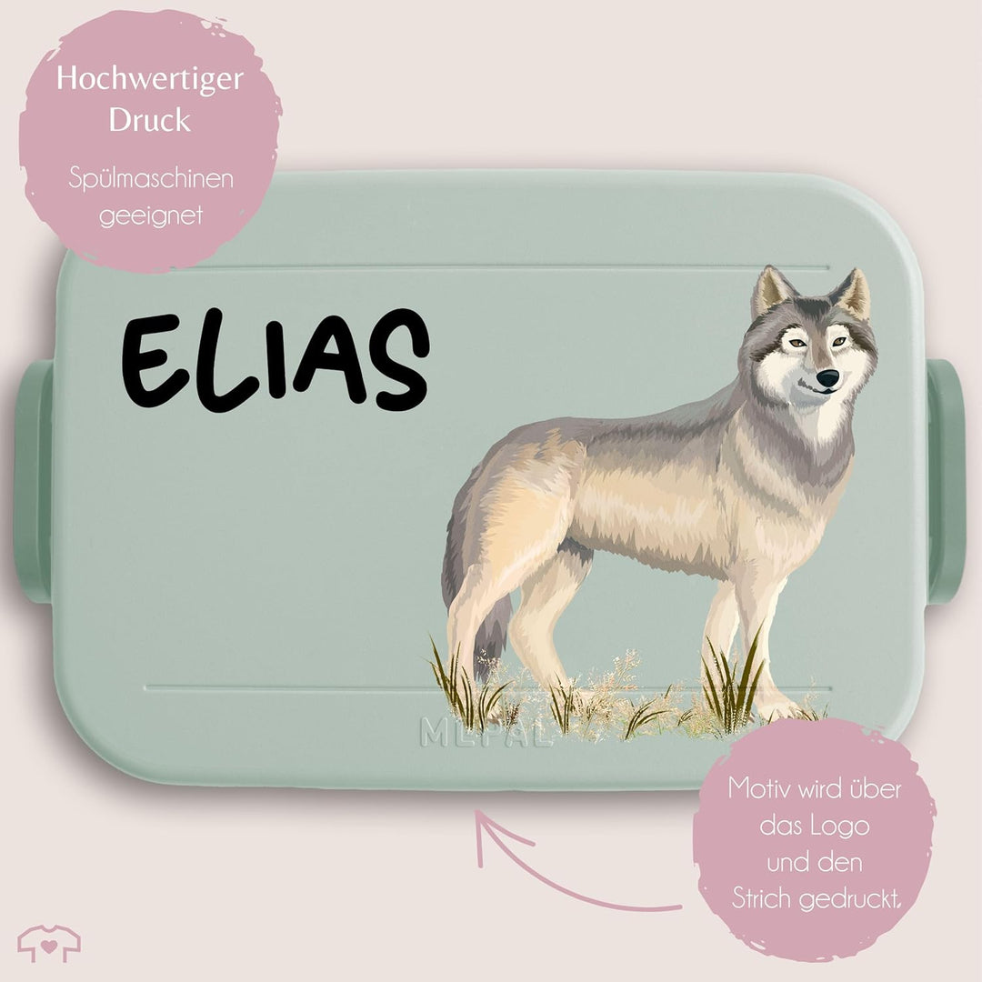 Kinder Bento Box Midi Lunchbox für Mepal Bentobox - Wolf mit Name personalisiert I Wolfsmotiv Gesche