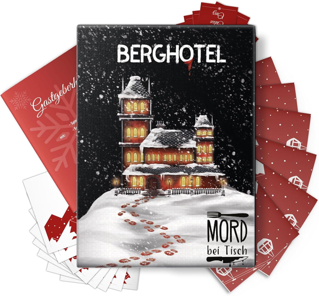 Mord bei Tisch Krimidinner für Zuhause - 6 bis 8 Personen - Der Berghotel Fall - Das Krimi Spiel ab