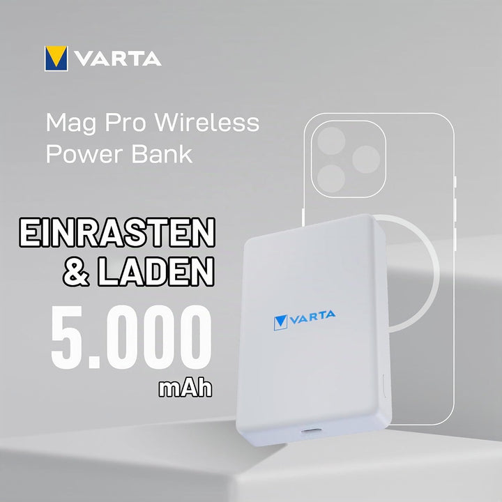 VARTA Mag Pro Wireless Powerbank 5000 mAh White, Box Mag Pro 5000 weiss, Mag Pro 5000 weiss