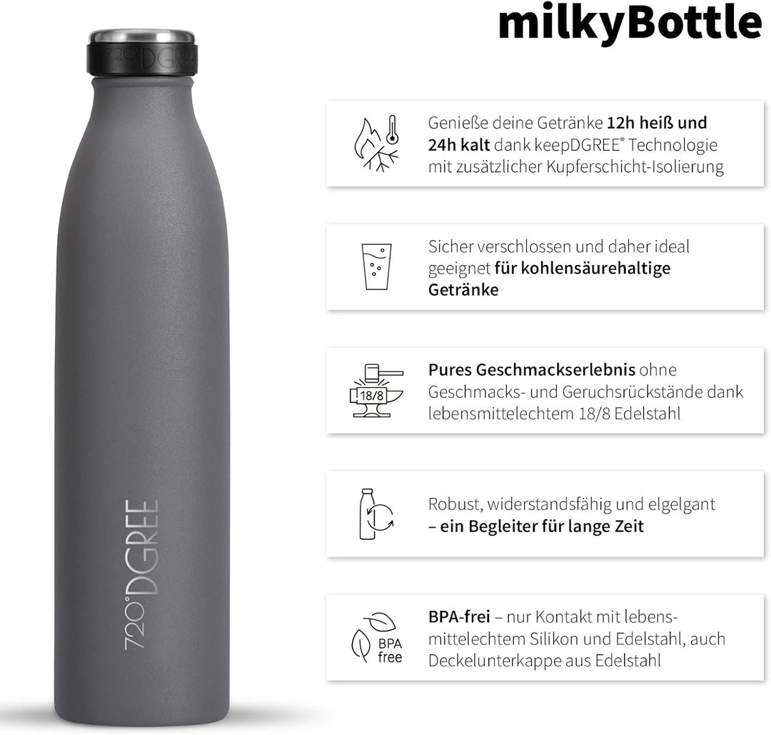 720°DGREE Edelstahl Trinkflasche “milkyBottle” - 750ml - BPA-Frei, Auslaufsicher, Kohlensäure geeign