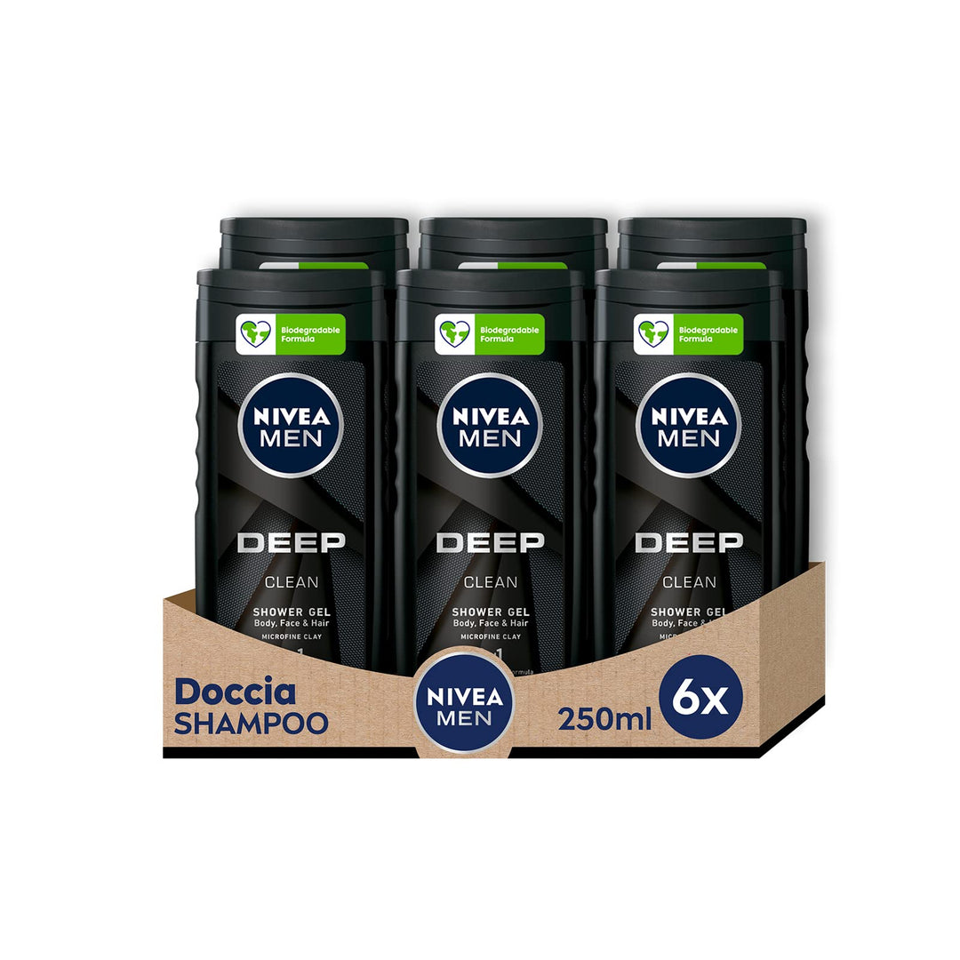 NIVEA MEN Deep Clean Dusche Shampoo im 6er Pack x 250 ml, Herren Schaumbad für Körper, Gesicht und H