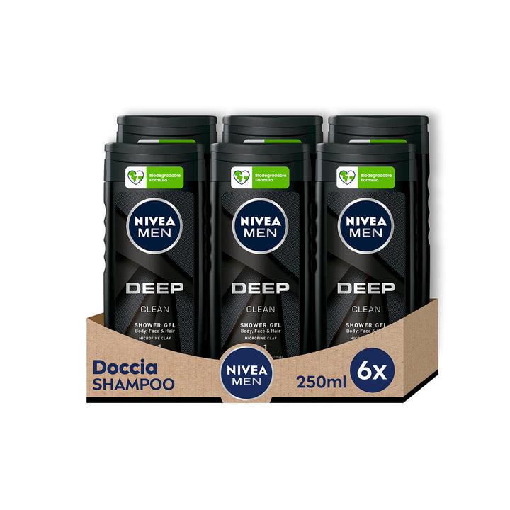 NIVEA MEN Deep Clean Dusche Shampoo im 6er Pack x 250 ml, Herren Schaumbad für Körper, Gesicht und H