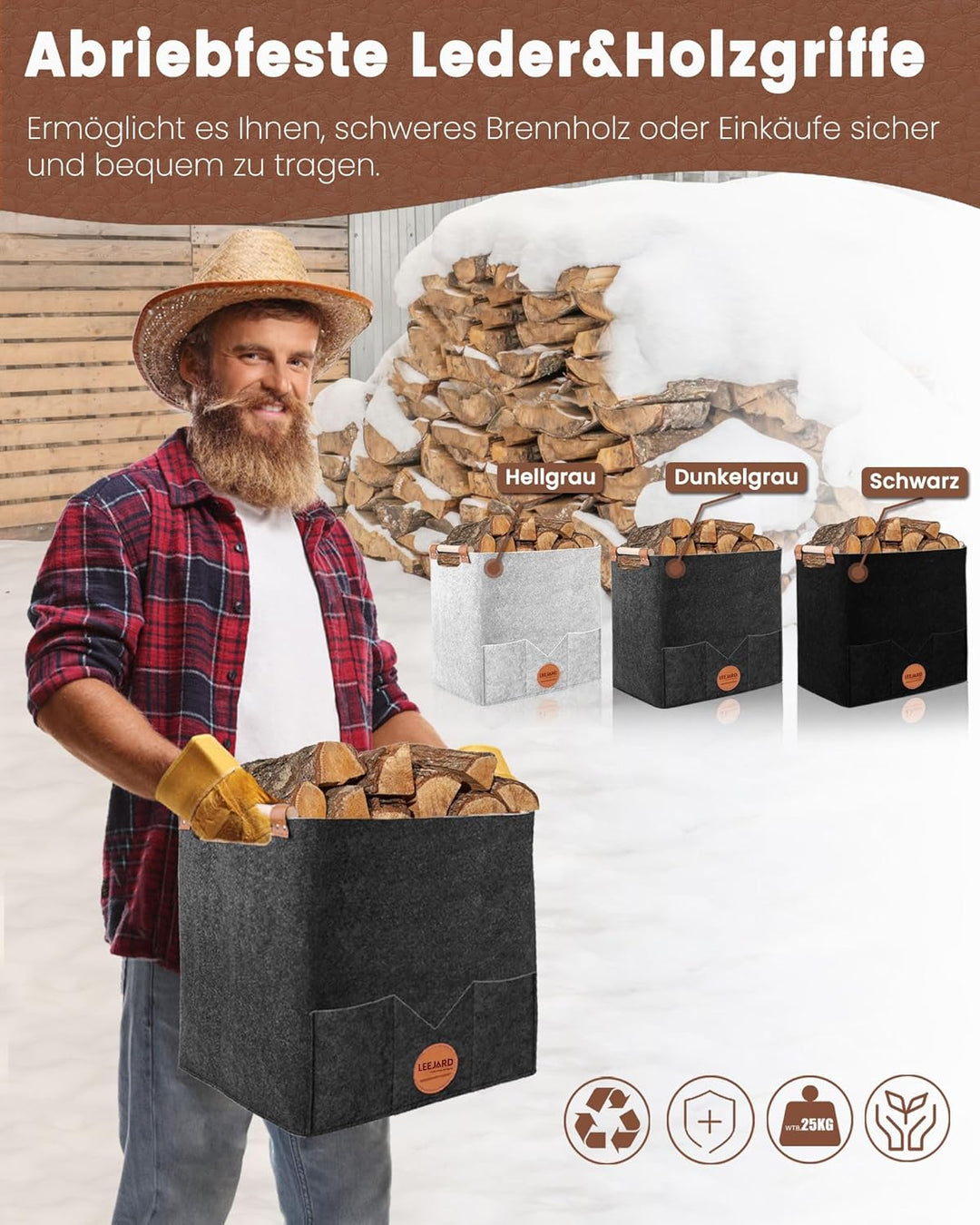 2 Holzkörbe für Kaminholz, grosser Holzkorb aus Filz, auch als Aufbewahrungstasche oder Einkaufskorb