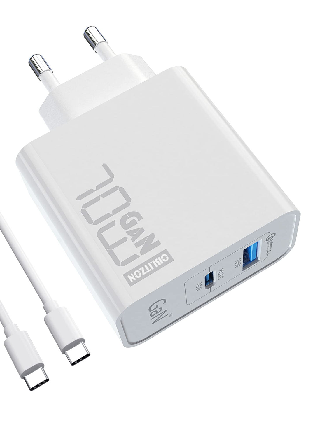 70W USB C Ladegerät, Type C PD GaN Netzteil mit 100W Schnellladekabel 2-Port USB C Netzteil (Funktio
