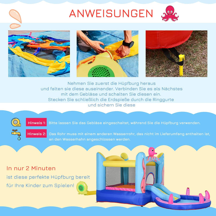 Outsunny Aufblasbare Hüpfburg mit Rutsche Springburg Spielburg Wasserpark für Kinder Trampolin aufbl