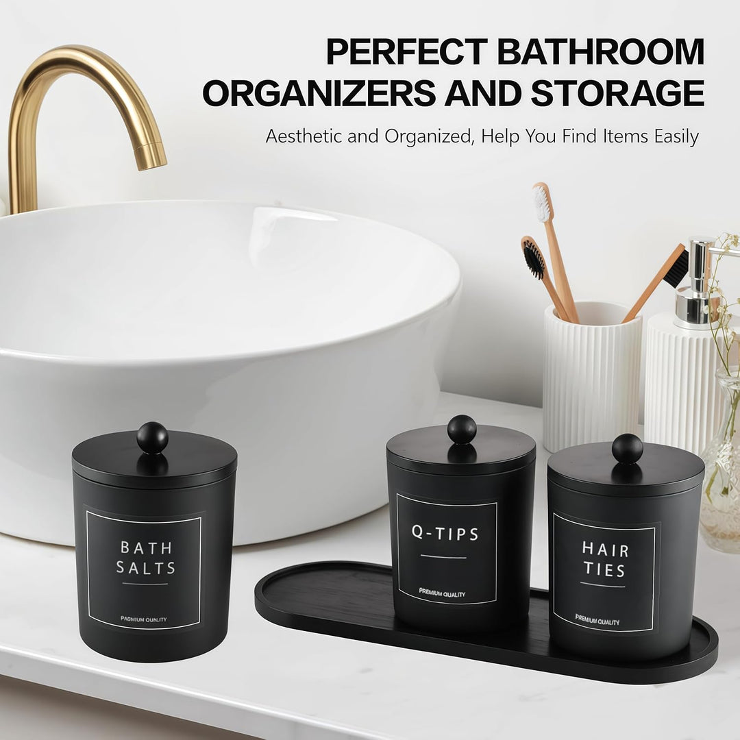 BIKALAN Glas Wattestäbchen Behälter, Schminktisch Badezimmer Organizer Set mit Tablett, Wattepadspen